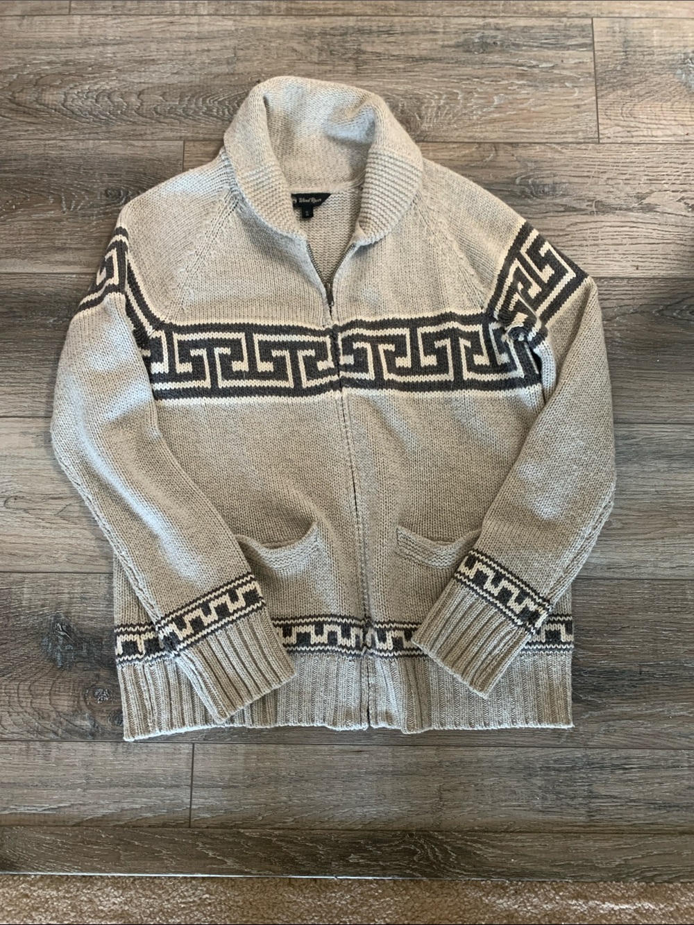 Men's Shawl Collar Zip Cardigan Sweater in Beige with Greek Key Trim